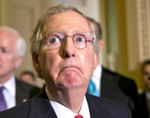 Senate Minority Leader Mitch McConnell of Ky., and the Senate GOP leadership,listens during a news conference on Capitol Hill in Washington, Tuesday, April 23, 2013, following a Republican strategy session. At left is Senate Minority Whip John Cornyn of Texas.   (AP Photo/J. Scott Applewhite)